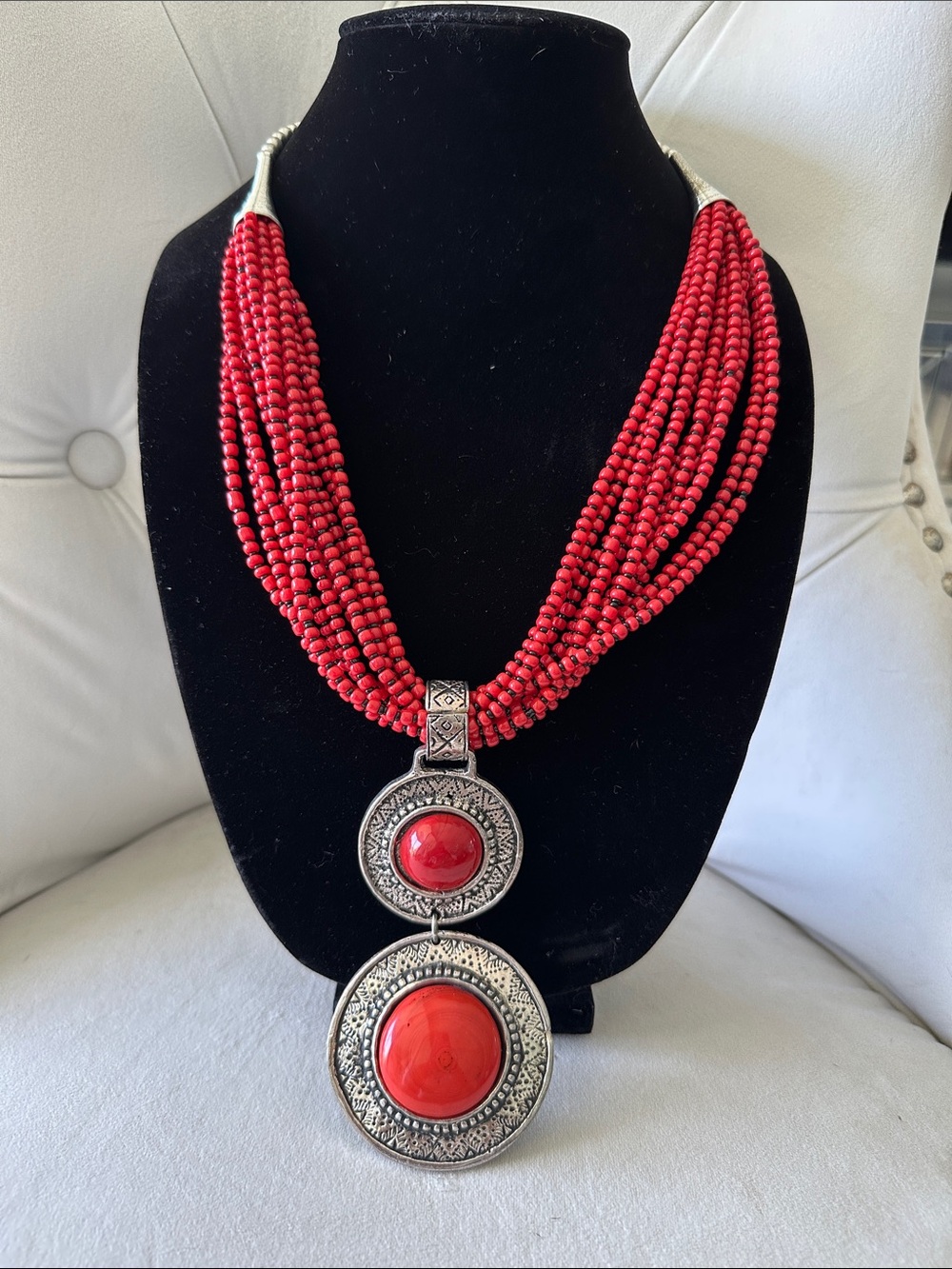 Red Multi strand Beaded Necklace with Silver Accents